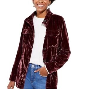 LOFT Crushed Mauve Berry Velvet Utility Jacket Button Front Tie Sz MED